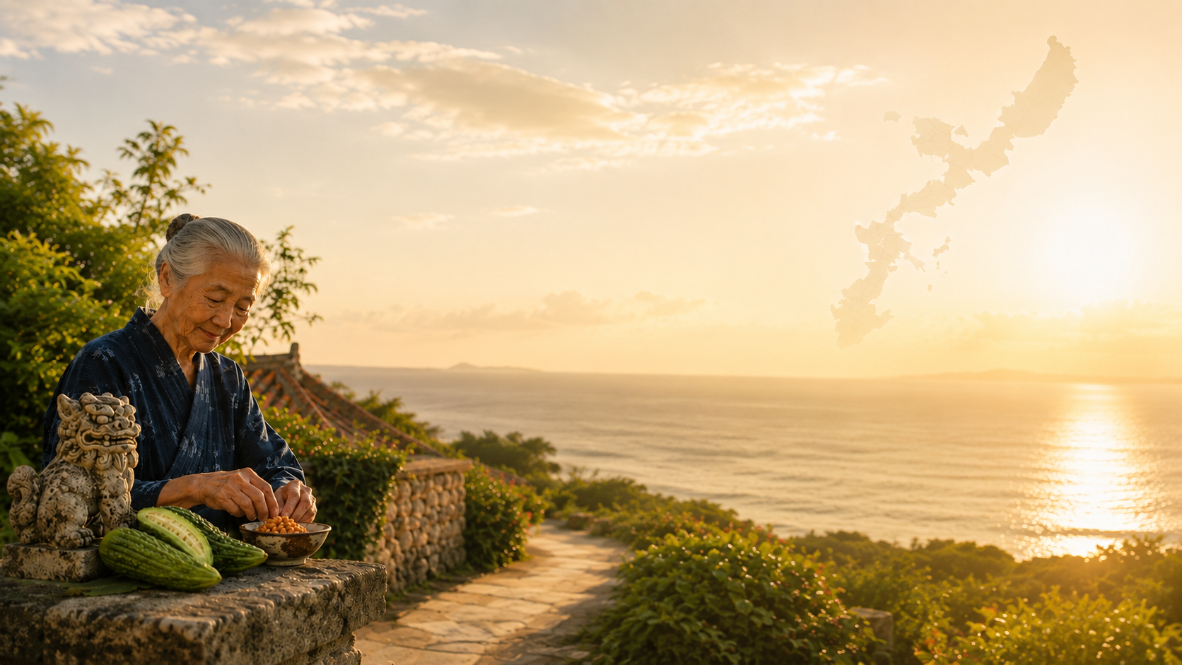 Sunset over the Okinawan coast with an elder preparing goya and natto ingredients